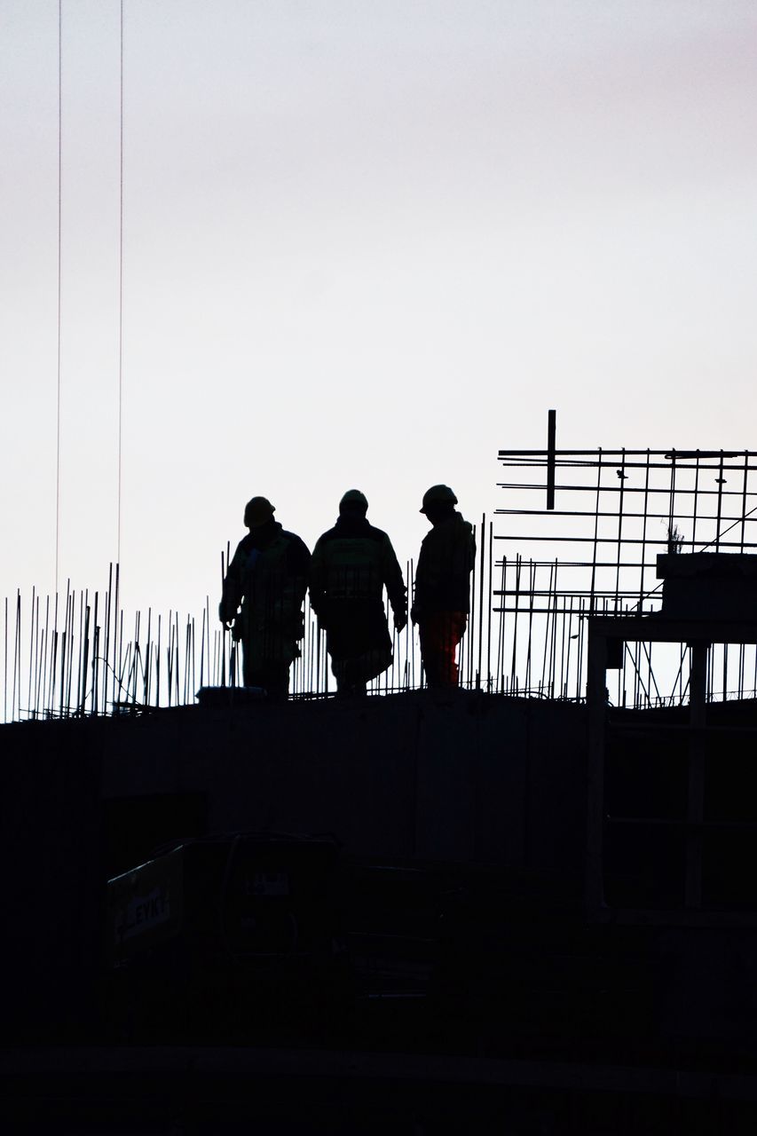 silhouette, railing, men, day, outdoors, military, sky, people, adult