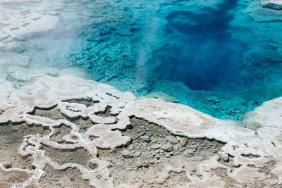 High angle view of blue hot spring in yellowstone national park