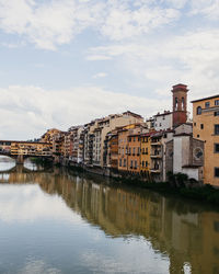 Buildings by river against sky in city