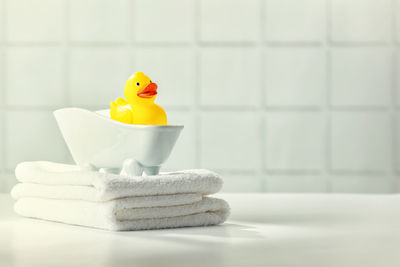 Close-up of towel with rubber duck