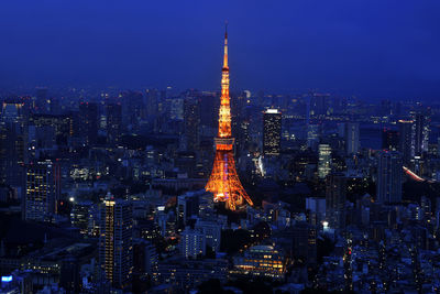 Illuminated buildings in city at night