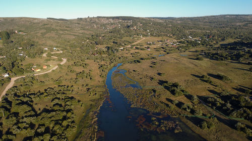 High angle view of land against sky