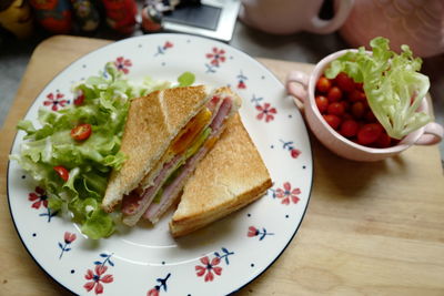 High angle view of breakfast on table