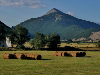 Hay bales on field against sky