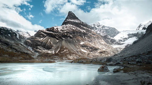 Scenic view of snowcapped mountains against sky