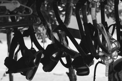 Full frame shot of bicycle hanging on metal