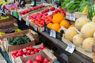 High angle view of fruits for sale at market stall