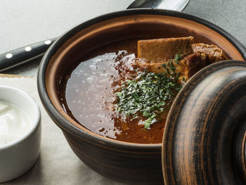 High angle view of soup in bowl