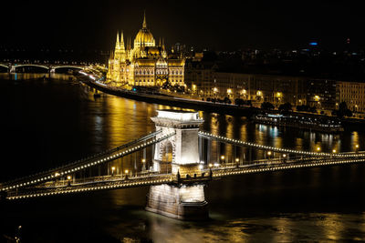 High angle view of chain bridge over danube river and hungarian parliament building in city