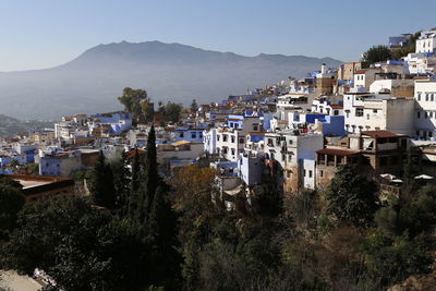 High angle view of townscape against sky, chefchaouen morocco 