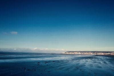 Scenic view of sea against clear blue sky
