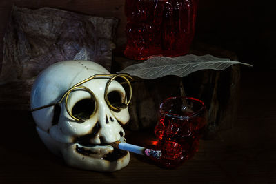 Close-up of human skull on table