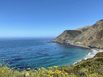 Scenic view of sea against clear blue sky