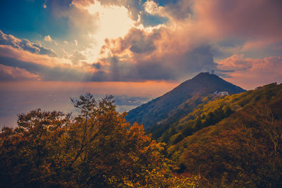 Scenic view of mountains against sky during sunset