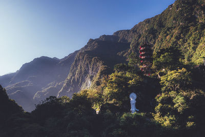 Scenic view of mountains against clear blue sky
