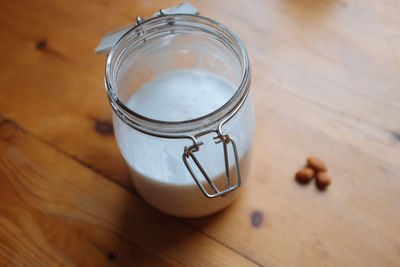 High angle view of jar on table