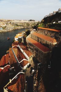 High angle view of old buildings against sky in city