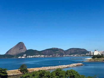 Scenic view of bay against clear blue sky