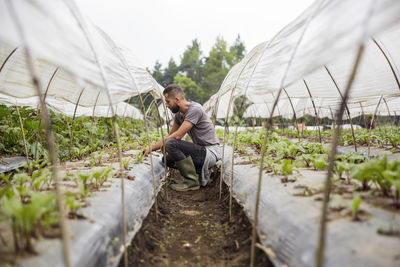 Young farmer wearing rubber boots and working in farm