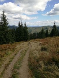 Dirt road amidst field against sky