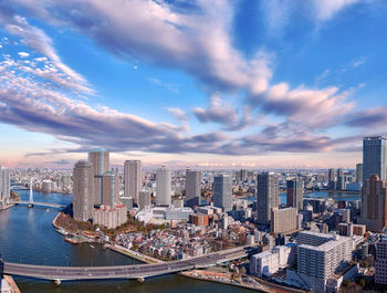 High angle view of buildings against sky in city