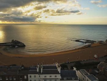 High angle view of sea against sky during sunset
