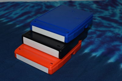 Close-up of stacked colorful 8-tracks