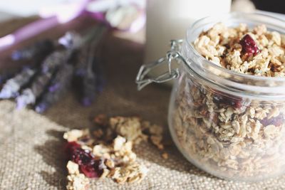 Close-up of breakfast served on table