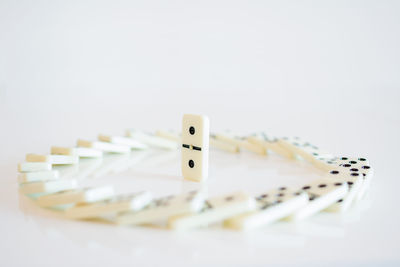 Close-up of objects on table against white background