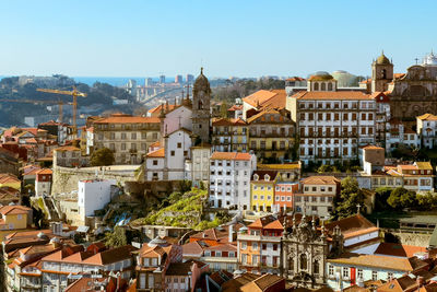 High angle view of townscape against clear sky