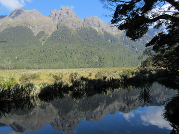 Scenic view of lake and mountains against sky