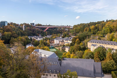 High angle view of buildings and trees against sky
