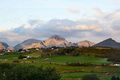 Scenic view of landscape and mountains on lofoten islands