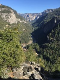 Scenic view of river amidst mountains against sky