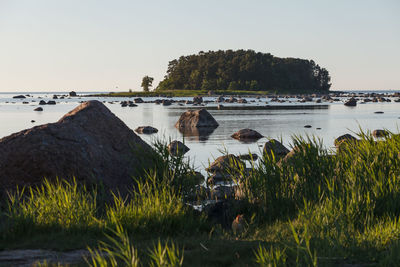 Scenic view of lake against clear sky