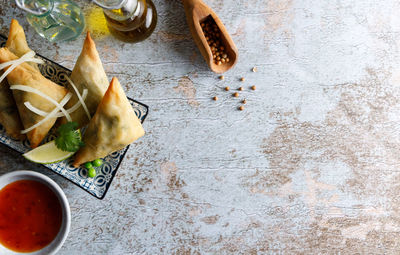 High angle view of bread in bowl on table