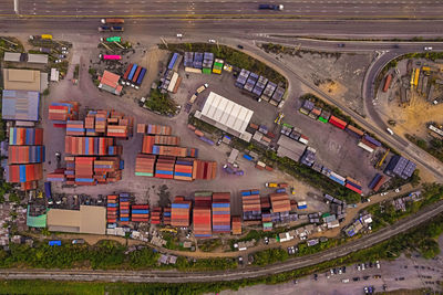 Aerial view of harbor cargo containers.
