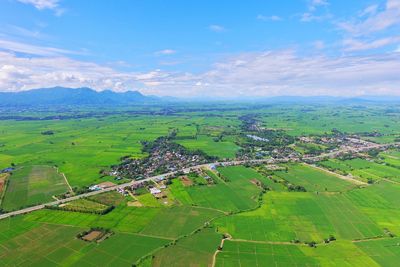 High angle view of landscape against blue sky