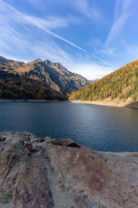 Scenic view of lake and mountains against sky