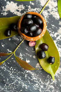 High angle view of fruits in bowl on table