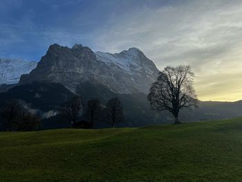 Scenic view of mountains against sky during sunset