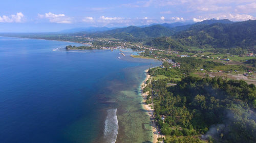 High angle view of bay against sky