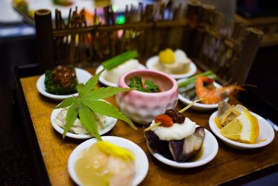 Close-up of food served on table