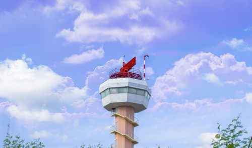 Low angle view of flag by building against sky