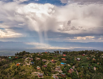 High angle view of buildings against sky