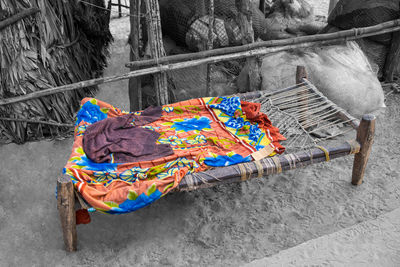 High angle view of multi colored umbrellas on street