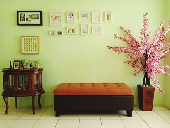 Potted plant on table against wall at home