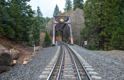 Railroad tracks by trees against sky