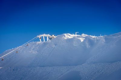 Scenic view of snowcapped mountains against clear blue sky