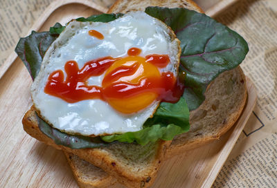 High angle view of breakfast served on table
